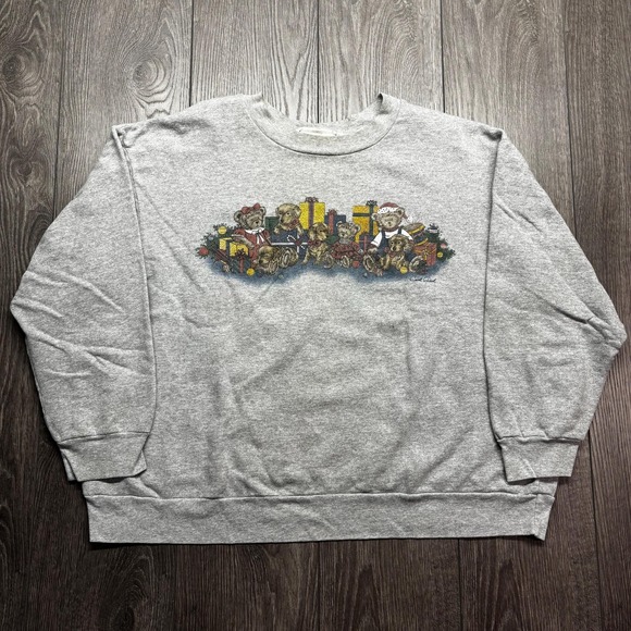 American Vintage Tops - Vintage Teddy Bear Puppy Cottage Nature 1990s Sweatshirt Medium Grandma Grey